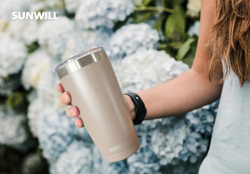 Image of SUNWILL Insulated Coffee Tumbler with Lid, Stainless Steel Coffee Travel Mug, Double Wall 20 oz Tumbler Thermal Reusable Coffee Cup, Powder Coated Taupe, Spill Proof Sliding Lid