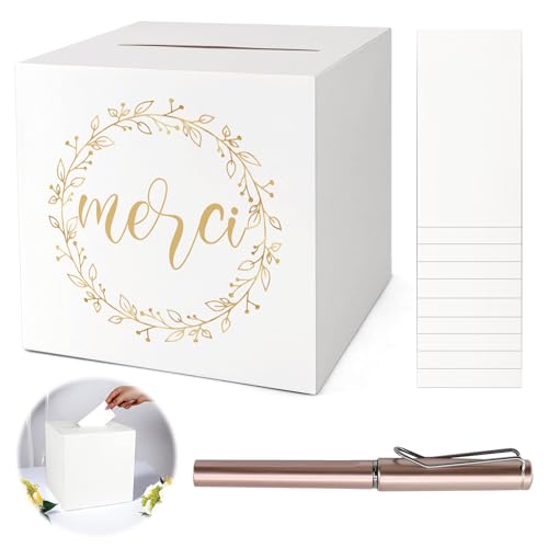 KASURE Urne Mariage Carton pour Enveloppe et Cartes 22 * 22 cm,Blanche, Idéale pour Mariage, Baptême, Anniversaire, Diplôme avec 10 Cartes & Stylo Doré