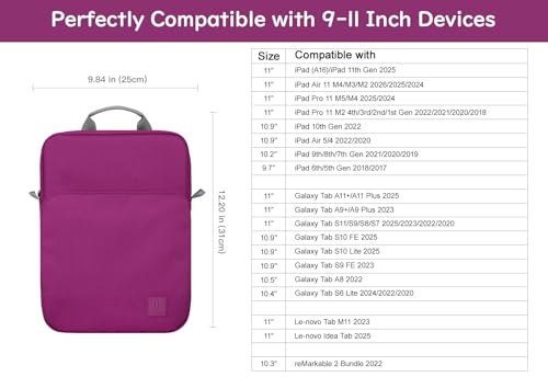 Image of Dadanism 9-11 Inch Tablet Sleeve Bag Carrying Case with Shoulder Strap for iPad (A16) 11 inch, iPad 10th Gen 10.9 inch, iPad Air M4 /Pro M5 11 inch, iPad 9 /8 /7th 10.2 inch, Galaxy Tab A11+ Plus 11 inch, Fuchsia