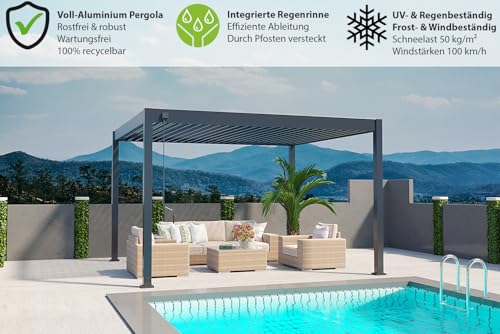 Pavillon Pergola 3x4m Terassenüberdachung freistehend mit Lamellendach verstellbar Gartenpavillon Hardtop wasserdicht stabil Winterfest Voll-Aluminium Grillpavillon wetterfest Weide Deluxe Anthrazit