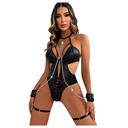WDIRARA Women's 2pack Cut Out Lace Up PU Leather Teddy Bodysuit with Leg Rings Black S