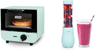 DASH Mini Toaster Oven Cooker for Bread, Bagels, Cookies, Pizza, Paninis & More with Baking Tray, Rack, Auto Shut Off Feature & Mighty Mini 10 oz Compact Personal Bottle Blender with Travel Lid, Aqua