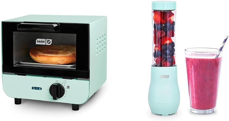 Mini Toaster Oven Cooker for Bread, Bagels, Cookies, Pizza, Paninis & More with Baking Tray, Rack, Auto Shut Off Feature & Mighty Mini 10 oz Compact Personal Bottle Blender with Travel Lid, Aqua