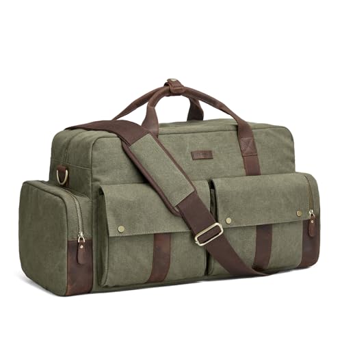 S-ZONE Duffle Bag for Travel Canvas Duffel Bags Carry on Leather Trim Overnight Weekender Men Women Grey