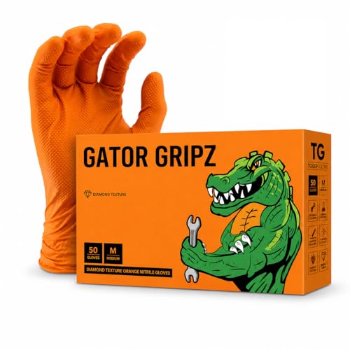 Image of TG TOUGH GLOVE Gator Gripz (M) - Orange Nitrile Gloves (Pack Of 50) | Heavy-Duty, Chemical & Oil Resistant, Powder & Latex Free, Ambidextrous, 12 Mil Thickness