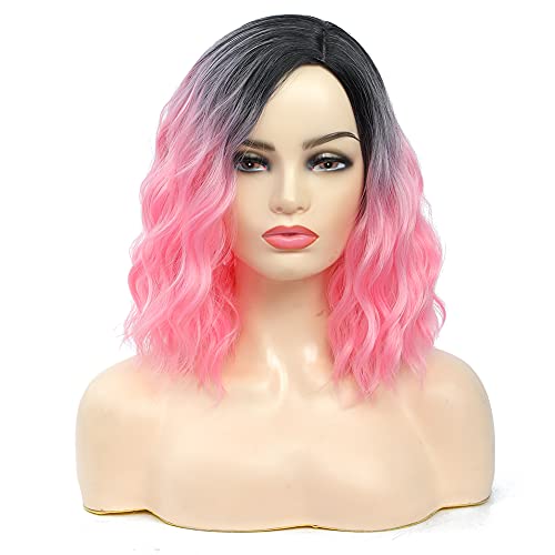 Bob Wig for Black Women Ombre Pink Wig Heat Resistant Synthetic Wig Natural Headline Colored Wavy Wig Shoulder Length Hair Costume Wigs (12 inch)