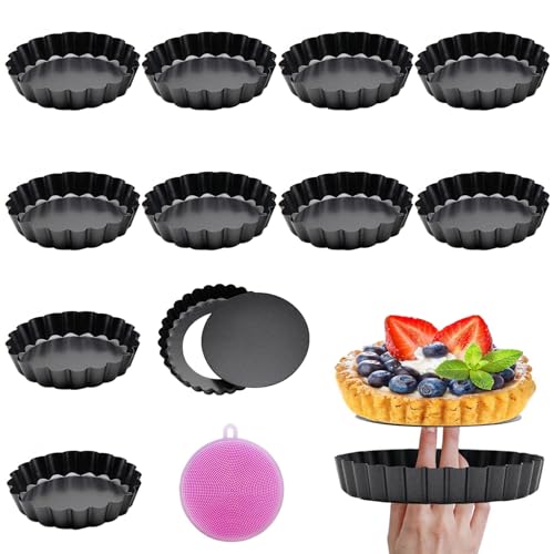 LIULINY Lot de 12 Moule a Tarte à Fond Amovible, Revêtement Antiadhésif Moule Tartelette 8cm/3 Pouces, Plat a Tarte Acier au Carbone, pour Gateau, Tartes et...