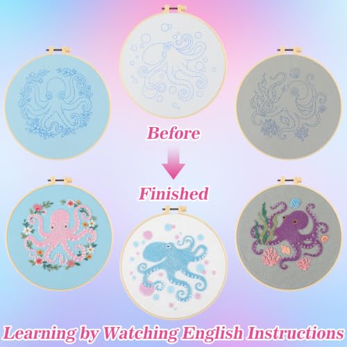 Image of Mindsoft 3 Set Needlepoint Kit for Beginners with Hoop,Octopus | Bamboo Hoop Thread Needles Instructions, Easy Hand Embroidery for Beginners Home Crafts,Pre-stamped Funny Cute Designs