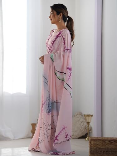 Image of Panzora Women's Chinon Printed Saree With Unstitched Blouse Piece