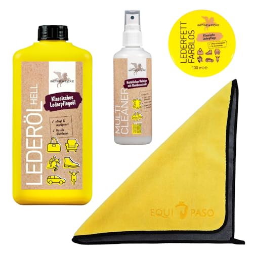 EQUIPASO B&E - Set de cuidado para cuero de primera calidad, 1 litro de aceite claro + grasa para cuero B&E incolora 100 ml + limpiador B&E Multi Cleaner 95 ml + paño de microfibra premium | limpia y
