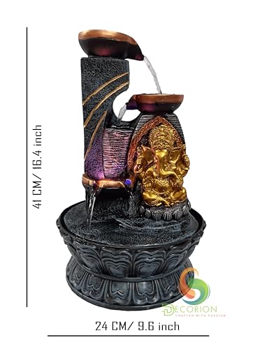 Image of Decorative Table Top Water Fountain for Home Decor /Office /Indoor & Outdoor /Garden /Puja Room /Vaastu with Multicolor LED Light and Adjustable Water Pump (3 Step Diya Ganesh)