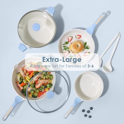 Image of SENSARTE Nonstick Ceramic Cookware Set Large 13-Piece, Healthy Pots and Pans Set Dishwasher Safe, Non-toxic Kitchen Cooking Set with Stay-Cool Handles, Induction Compatible, PFAS Free, Blue