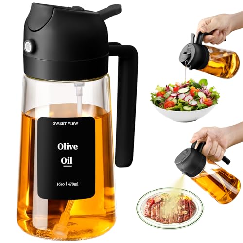 SWEET VIEW 2 in 1 Ölsprüher zum Kochen, 470ml Glasölflaschen/Olivenöl Sprühflasche für Salat,...