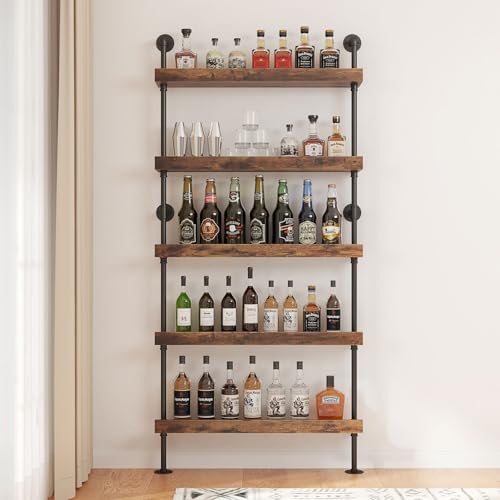 Woskar Wall Mounted Wine Rack 5-Tier, Industrial Pipe Bar Shelf for Wine Bottle Storage, Industrial Pipe Shelves Shelf Shelving for Home Bar Dining Room Kitchen (Black, 40
