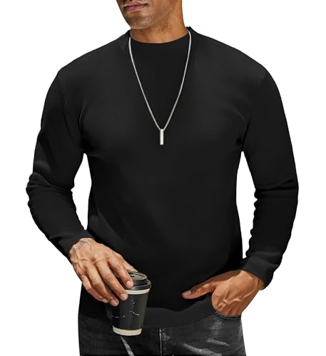 COOFANDY Stehkragen T-Shirts für Herren Langarm Strick Halb Kragen Langarmshirt Einfarbig Winter Thermoshirt Freizeit Pullover Männer Schwarz XXXL