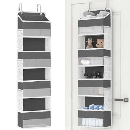Image of Fixwal Over Door Organizer Hanging Pantry 4-Shelf Storage with 6 Mesh Side Pockets, 33lbs Load Stuffed Animal Storage for Bedroom Bathroom Rv Nursery Newborn Baby Kids Toys Diapers (Dark Grey)