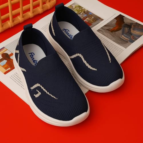 Image of Kids Navy Blue Knit Slip-On Sneakers, Lightweight Casual Shoes with White Sole