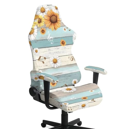 Fiqyvagox Daisy Girasol - Juego de 4 fundas elásticas para sillas de videojuegos con diseño de flor de madera, color azul y beige, fundas universales para sillón giratorio con fundas para reposabrazos