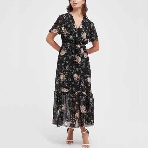 Image of Women's Summer Bohemian Floral Chiffon Dress Cap Sleeve V Neck Ruffle Long Flowy Boho Casual Vacation Dresses