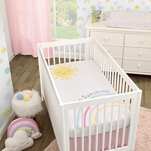 Image of NoJo Happy Days Pink, Yellow, Blue and White, Rainbows and Hello Sunshine 100% Cotton Photo Op Nursery Fitted Crib Sheet