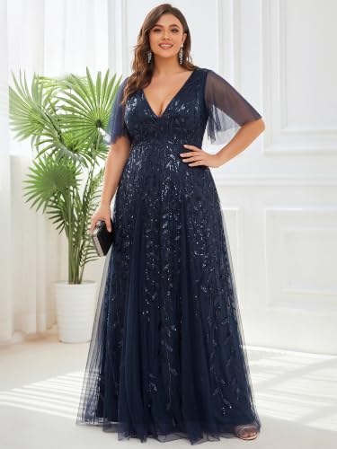 Image of Ever-Pretty Women's Sequin V Neck Plus Size Formal Dresses Evening Gown | Short Sleeve, A-Line, Empire Waist, Plus Size Mother of the Bride Dresses, Plus Size Gala Dress