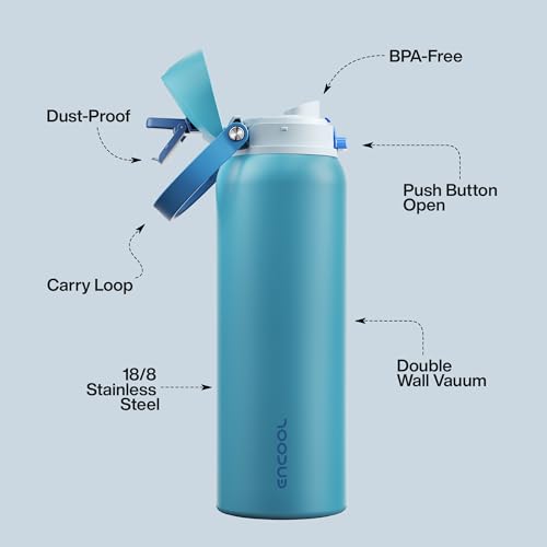 Image of Insulated Water Bottle with Straw - Encool Stainless Steel Water Bottle with Push Button Lid, Leak-Proof & BPA-Free, Keeps Cold for 24 Hours for Sports, Travel, Gym (40 oz, Silk Blue)