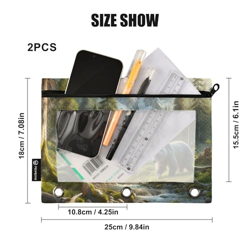 Estojo de lápis moderno com 3 anéis, bolsa de lápis com zíper para paisagem de urso floresta, caneta, escola, fichários, bolsos, giz de cera, 25 x 18 cm, 2 pacotes