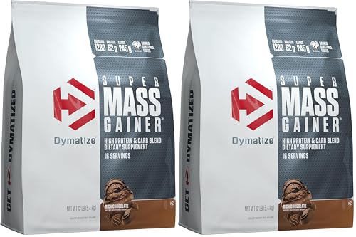 Image of Dymatize Super Mass Gainer Protein Powder, Rich Chocolate, 52g Protein, 1g Creatine, 1280 Calories, 10.7g BCAAs, 245g Carbs, Contains Whey Protein Powder, Isolate, and Casein (16 Servings) (Pack of 2)