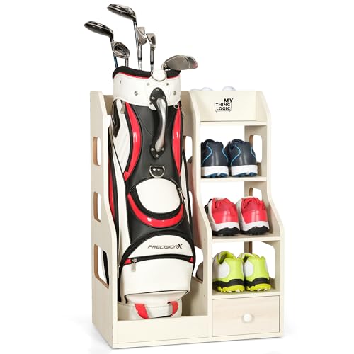 Image of Mythinglogic Wooden Golf Bag Storage Rack for 1 Full-Size Bag with Drawer