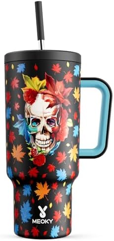 Meoky 40 oz Halloween Tumbler with Handle and Straw, Tumbler with Lid and Straw, Insulated Stainless Steel Travel Mug, 100% Leak-proof, Keeps Cold for 34 Hours or Hot for 10 Hours (Maple Skull)