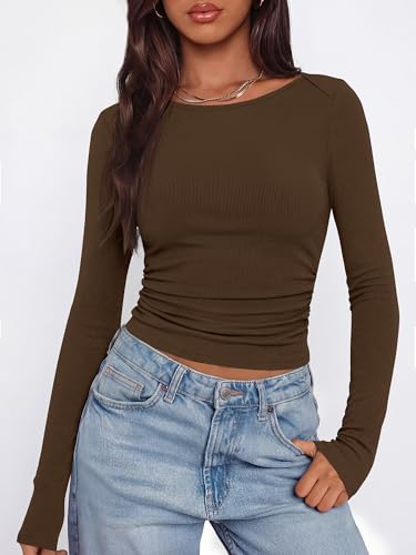 BTFBM Womens Long Sleeve T Shirts Spring Clothes 2026 Ribbed Slim Fit Boat Neck Casual Going Out Tops Workout Outfits(Chocolate Brown, X-Small) - image 8
