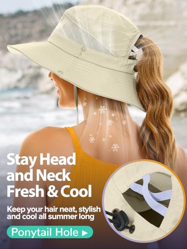 Image of EW East Water Sun Beach Hat for Women, UPF50+ Waterproof with Ponytail Hole