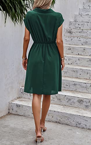 Image of ECOWISH Womens Casual Midi Dresses Solid V Neck Short Sleeve Button Shirt Belted Dress with Pockets for Spring Summer 2026