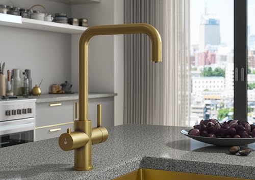 Excel Home - 3 in 1 Instant Boiling Water Tap, 2.4L Boiler Unit & Carbon Water Filter | Instant hot Hot Water Tap - Made of Anti Rust Stainless Steel - Kitchen Mixer Tap (Modern, Brushed Gold)