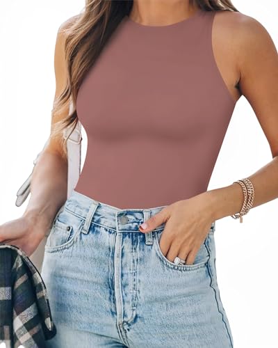 Image of MANGOPOP Women's Tank Top Bodysuit Crew Neck Sleeveless Racerback Halter Ribbed Body Suits Sexy Summer Going Out Tops