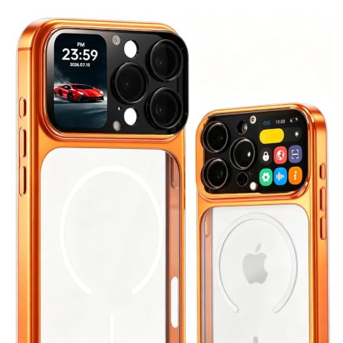 LERBCFM Phone Case for iPhone 16 Pro Max with 1.85 Inch Smart Display, 2026 New Tech Rechargeable and Syncs with Phone Photography, Music, Weather, Clock, Message, Clear Shock Proof Non Slip (Orange).