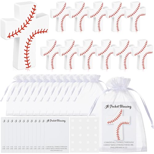 RattanView 12 Set Wood Pocket Cross A Pocket Blessing with Gift Cards & Organza Bags Christian Encouragement Gift Blessing Cross Keepsake for Athletes Players Sports Lovers Team (Baseball White)