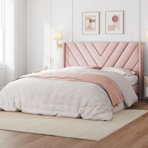 Image of Yaheetech Queen Bed Frame Upholstered Platform Bed /Wooden Slat Support /Tufted Headboard with Wing Side /Mattress Foundation /No Box Spring Needed,Pink Queen