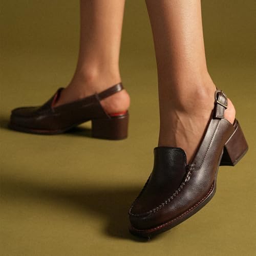 Image of Theater Women Marlene Slingback Loafers | Chunky Block Heel Moccasin Style | Slip-On Heeled Loafers | Stylish, Comfortable Footwear for Office, Work & Casual Looks