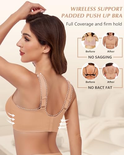 Image of Wireless Back Fat Smoothing Bra Comfortable Support Padded Bras Full Coverage Seamless Bras with Lift No Underwire Deep Nude