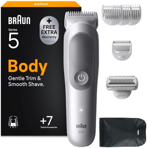 Braun Bodygroomer Series 5, Kabelloser Körperrasierer Herren, BG5555, Grau | Trimmer für Intimbereich Und Körper, Körperhaartrimmer mit 100 Min. Akku, Wasserdicht, Inkl. 7 Zubehört