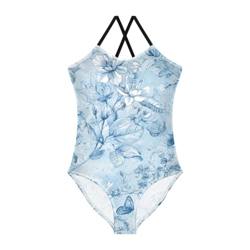 susiyo Blue and White Flowers Girls One Piece Swimsuits with Adjustable Straps Bathing Suits for 3-10 Years Old