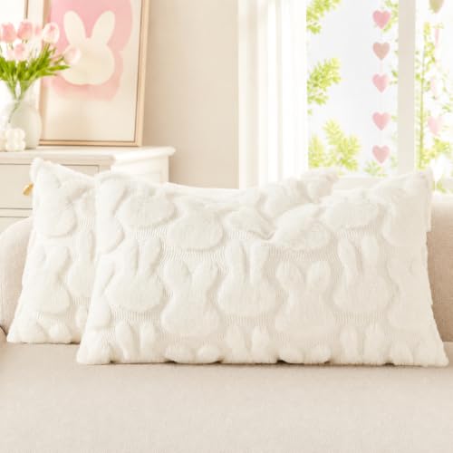 Image of decorUhome Easter Bunny Pillow Covers 12x20 Inch Set of 2, Soft Plush Faux Wool Jacquard Cream White Rabbit Cushion Covers, Farmhouse Neutral Spring Easter Holiday Decor for Couch Sofa Bed