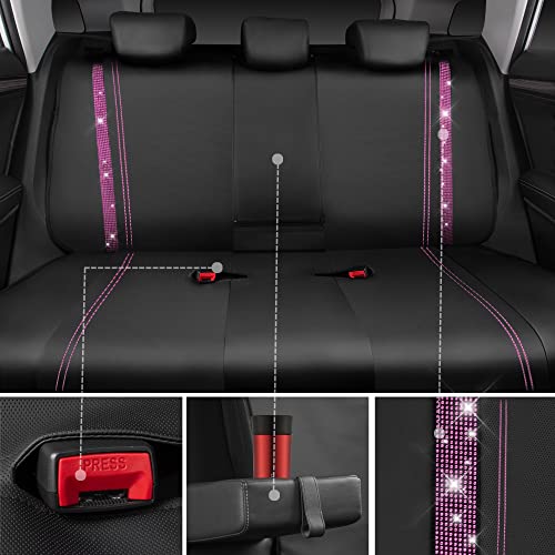 Car Pass Bling Car Seat Covers Full Set, Shining Rhinestone Diamond Waterproof Faux Leather, Rear With Zipper, Universal Fit 95% Automotive Glitter Crystal Sparkle Strips For Women Girl, Black Pink #TOP5
