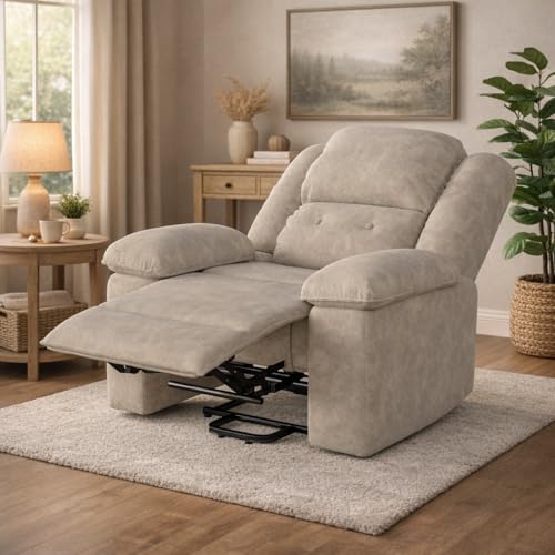 AONYAYBM Sillón Relax Reclinable, Silla con Respaldo Reposabrazos, Sillón de TV con Reposapiés, Respaldo Alto, Stand-up Aid, eléctricamente Ajustable, función de calefacción y Masaje, Beige+Gris
