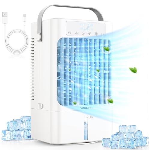 Portable Air Cooler, YONLICH 900ML Mini Air Conditioner, 4-in-1 Evaporative Air Cooler with Timer, Humidifier and 3 Wind Speeds Functions, 90° Oscillating Air Conditioning for Home Office