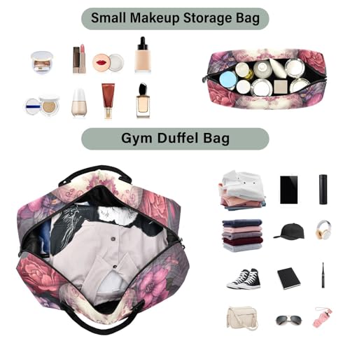 Large Travel Duffel Bag, Purple Floral and Skull Sports Tote Gym Bag, Shoulder Weekender Overnight Bag for Women Men, Carry On Luggage with Toiletry Bags4