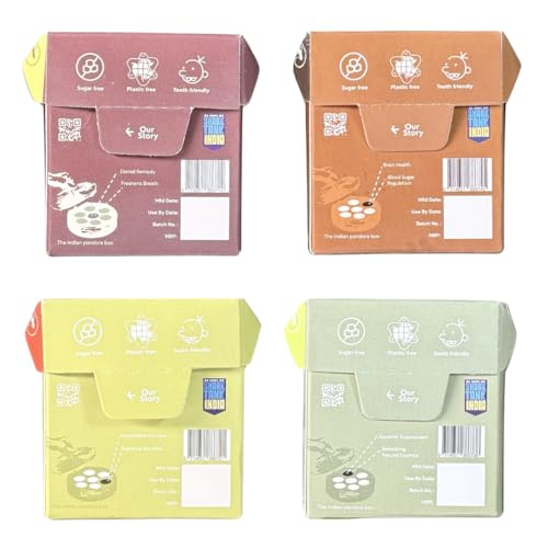 Image of Gud Gum- Natural, Plastic Free Chewing Gum- Clove, Cardamom, Fennel, Cinnamon- 21g x 4 - Mini Pack of 4- No added artificial colours, flavours & sweeteners (4 Packs, 60 chewing gums) (Pack of 4, Multi-Flavour Mini Pack)