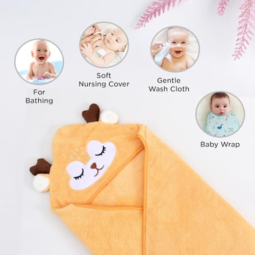 Image of Mee Mee Hooded Baby Bath Towel for New Born | Wash Cloth, Quick Absorbent, Can be Used for Baby Swaddling, Extra Soft Cotton Towels for Kids /Toddlers /Infants /Babies, Pack of 1, (Orange Sheep) 80X80 CM