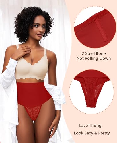 Image of Womens Thong Shapewear Mid to High Waisted Shaper Thong WN0017(04#D Red#lace mid waist wire,Large)
